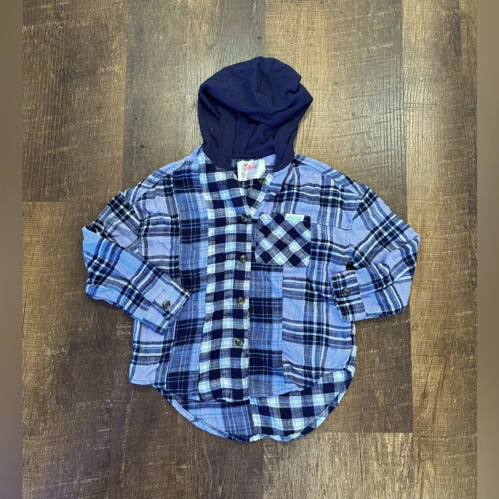 Justice girls purple plaid button down flannel with hood